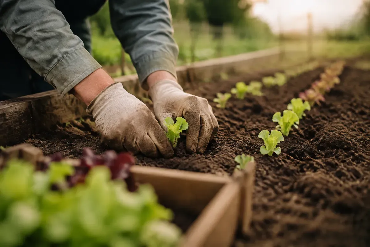 Repiquage d'un jeune plant de salade dans une planche de potager