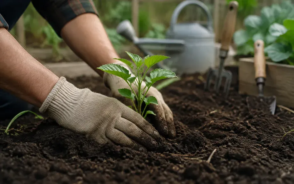 Jeune plant mis en terre au potager