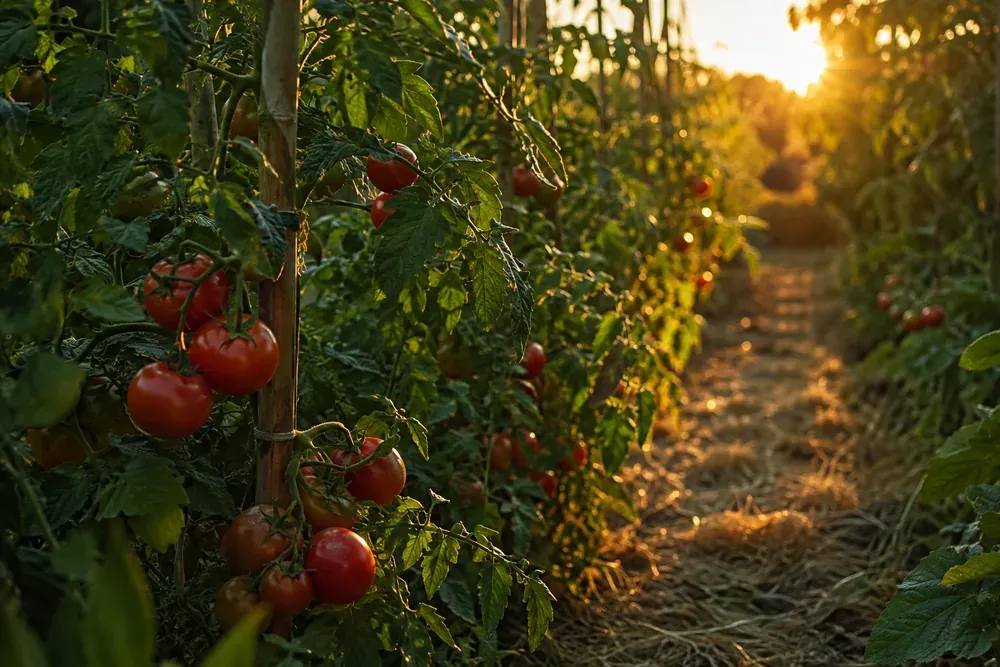 Pieds de tomates chargés de fruits rouges sur tuteurs de bambou en plein été