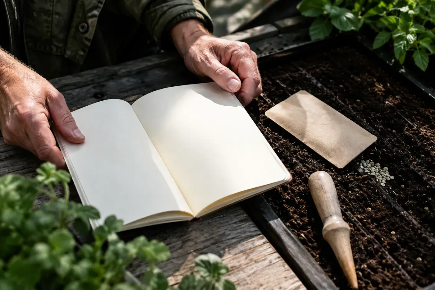 Mains de jardinier, carnet de notes ouvert et sachet de graines au-dessus d'un semis