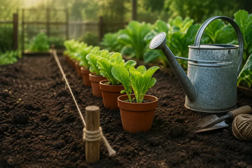Jeunes plants de salade en godets sur une planche de terre fraîchement retournée
